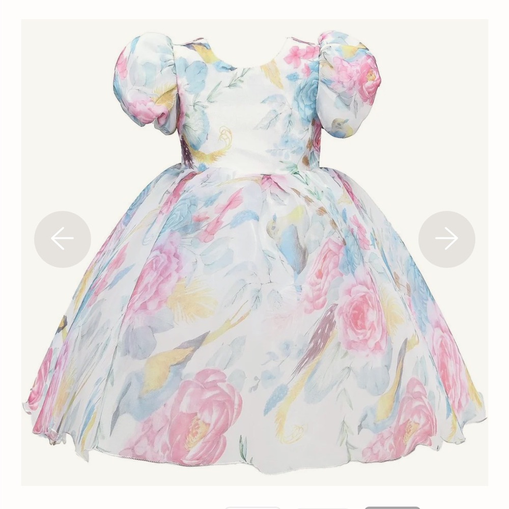 Tulle Girls' Floral Puff-Sleeve Party Dress - Pink, Blue, Yellow on White
